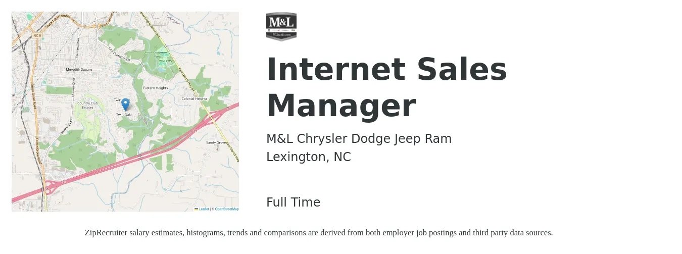 M&L Chrysler Dodge Jeep Ram job posting for a Internet Sales Manager in Lexington, NC with a salary of $16 to $38 Hourly with a map of Lexington location.