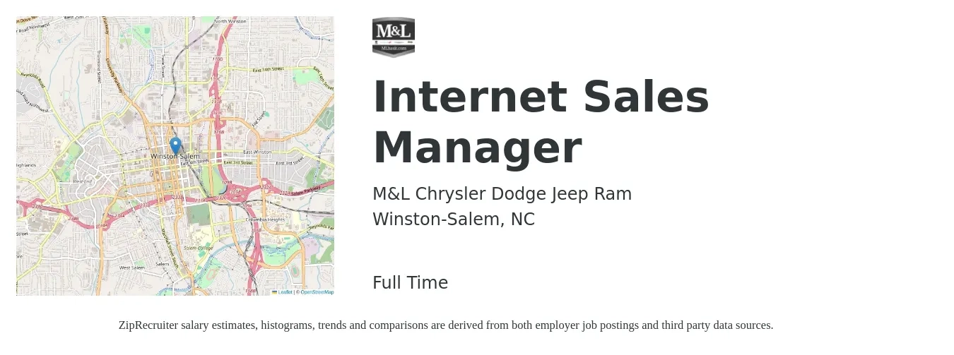 M&L Chrysler Dodge Jeep Ram job posting for a Internet Sales Manager in Winston-Salem, NC with a salary of $16 to $39 Hourly with a map of Winston-Salem location.