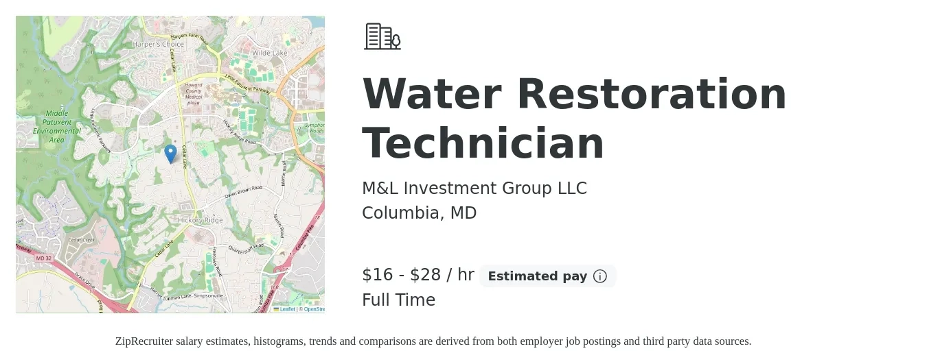 M&L Investment Group LLC job posting for a Water Restoration Technician in Columbia, MD with a salary of $17 to $30 Hourly with a map of Columbia location.