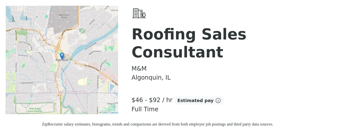 M&M job posting for a Roofing Sales Consultant in Algonquin, IL with a salary of $100,000 to $200,000 Yearly with a map of Algonquin location.