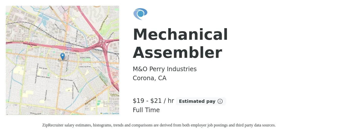 M&O Perry Industries job posting for a Mechanical Assembler in Corona, CA with a salary of $20 to $22 Hourly with a map of Corona location.