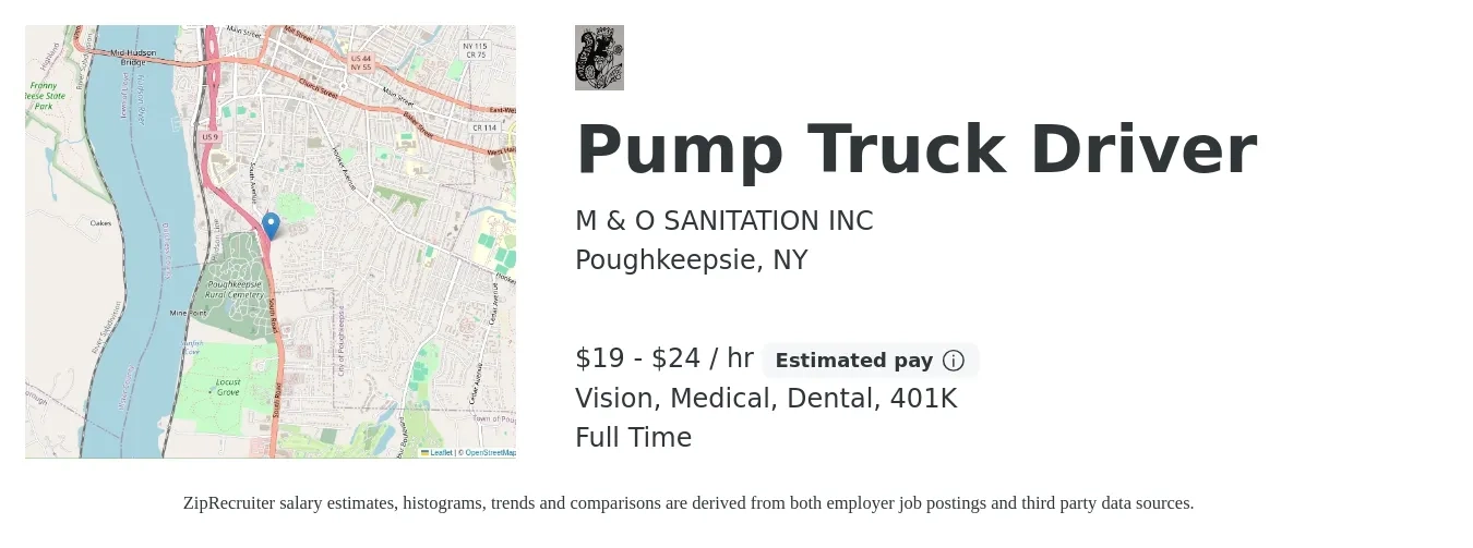 M & O SANITATION INC job posting for a Pump Truck Driver in Poughkeepsie, NY with a salary of $20 to $25 Hourly and benefits including 401k, dental, medical, and vision with a map of Poughkeepsie location.
