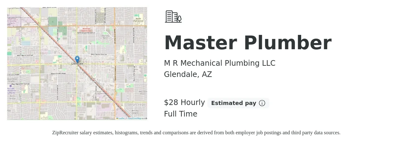 M R Mechanical Plumbing LLC job posting for a Master Plumber in Glendale, AZ with a salary of $30 Hourly with a map of Glendale location.