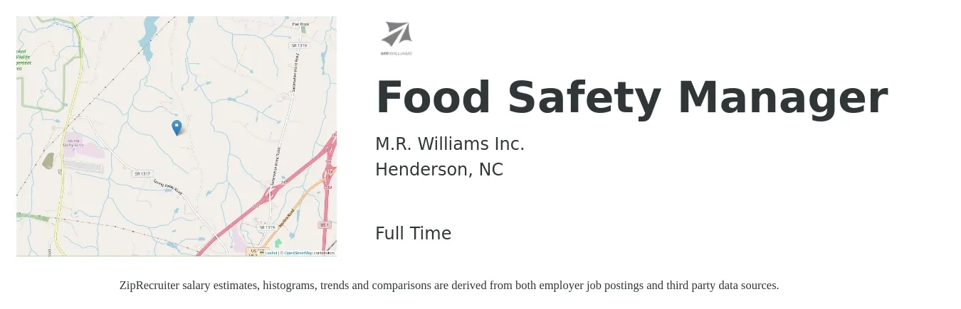 M.R. Williams Inc. job posting for a Food Safety Manager in Henderson, NC with a salary of $46,500 to $82,200 Yearly with a map of Henderson location.