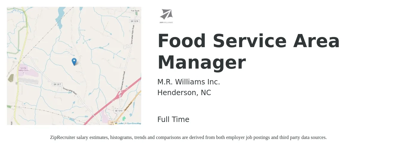M.R. Williams Inc. job posting for a Food Service Area Manager in Henderson, NC with a salary of $17 to $27 Hourly with a map of Henderson location.