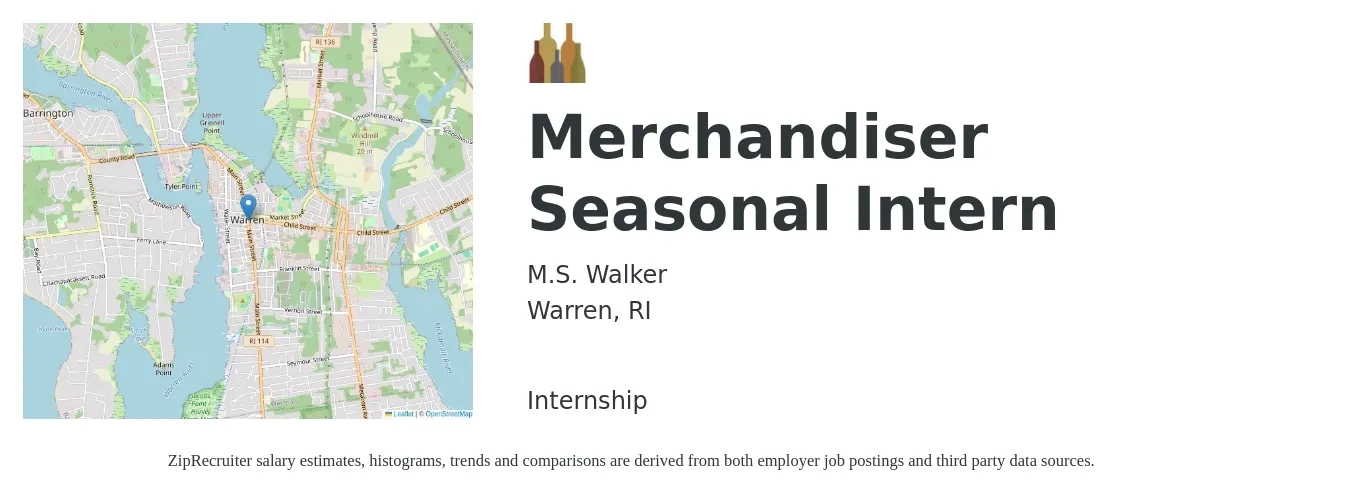 M.S. Walker job posting for a Merchandiser Seasonal Intern in Warren, RI with a salary of $16 to $20 Hourly with a map of Warren location.
