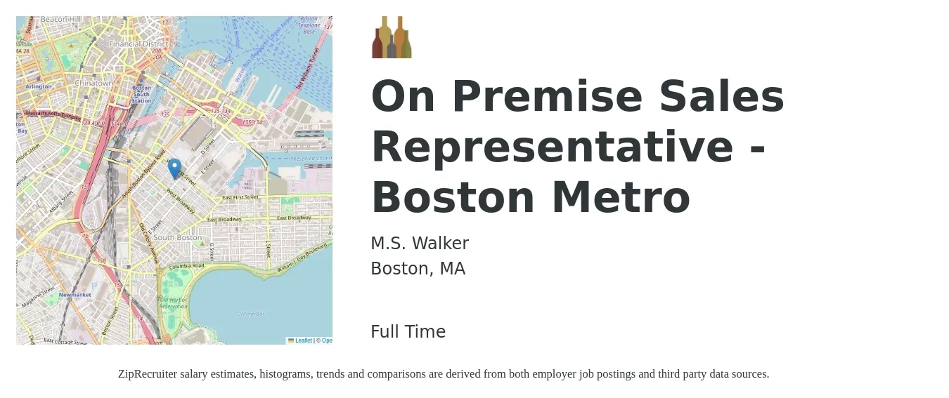 M.S. Walker job posting for a On Premise Sales Representative - Boston Metro in Boston, MA with a salary of $58,100 to $101,000 Yearly with a map of Boston location.