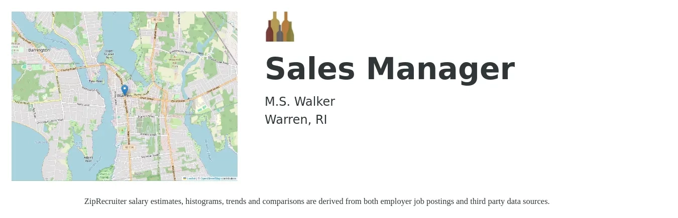 MS Walker job posting for a Sales Manager in Warren, RI with a salary of $44,800 to $96,000 Yearly with a map of Warren location.