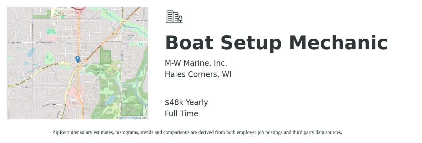 M-W Marine, Inc. job posting for a Boat Setup Mechanic in Hales Corners, WI with a salary of $48,000 Yearly with a map of Hales Corners location.