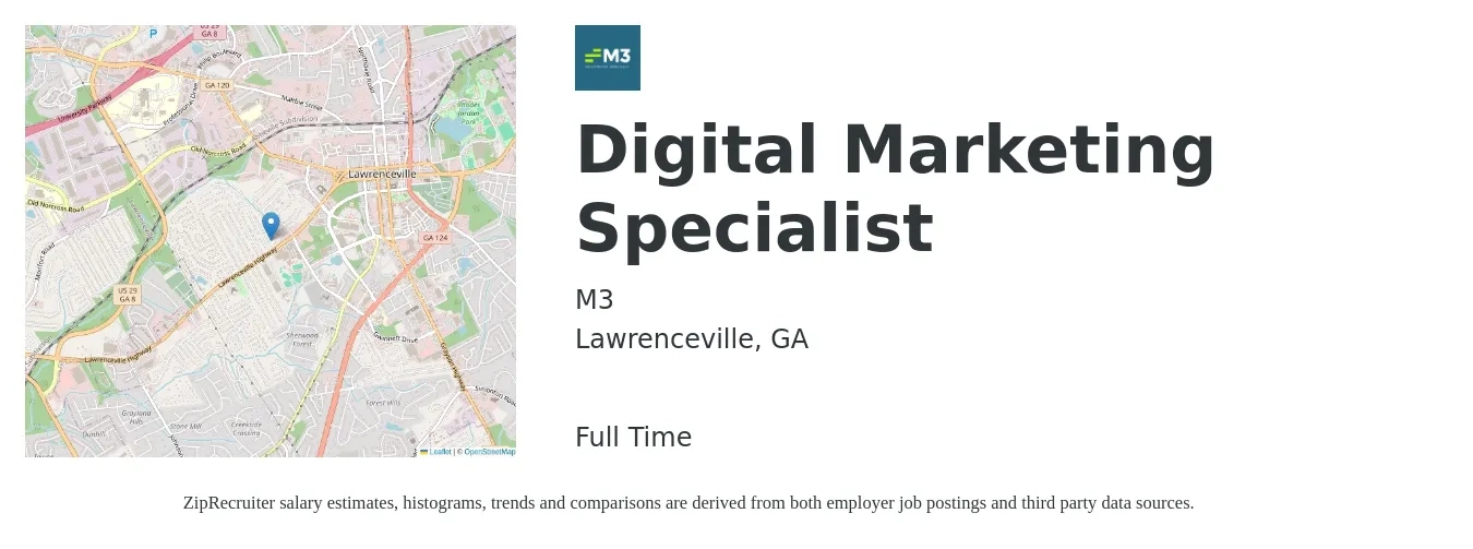 M3 job posting for a Digital Marketing Specialist in Lawrenceville, GA with a salary of $45,800 to $68,300 Yearly with a map of Lawrenceville location.