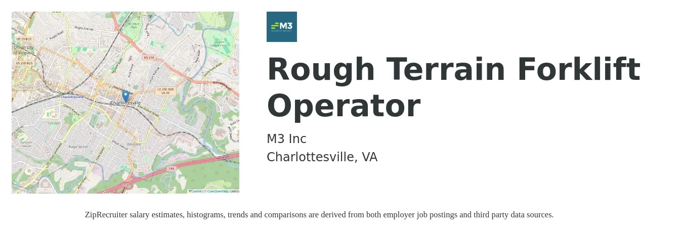 M3 Inc job posting for a Rough Terrain Forklift Operator in Charlottesville, VA with a salary of $20 to $23 Hourly with a map of Charlottesville location.