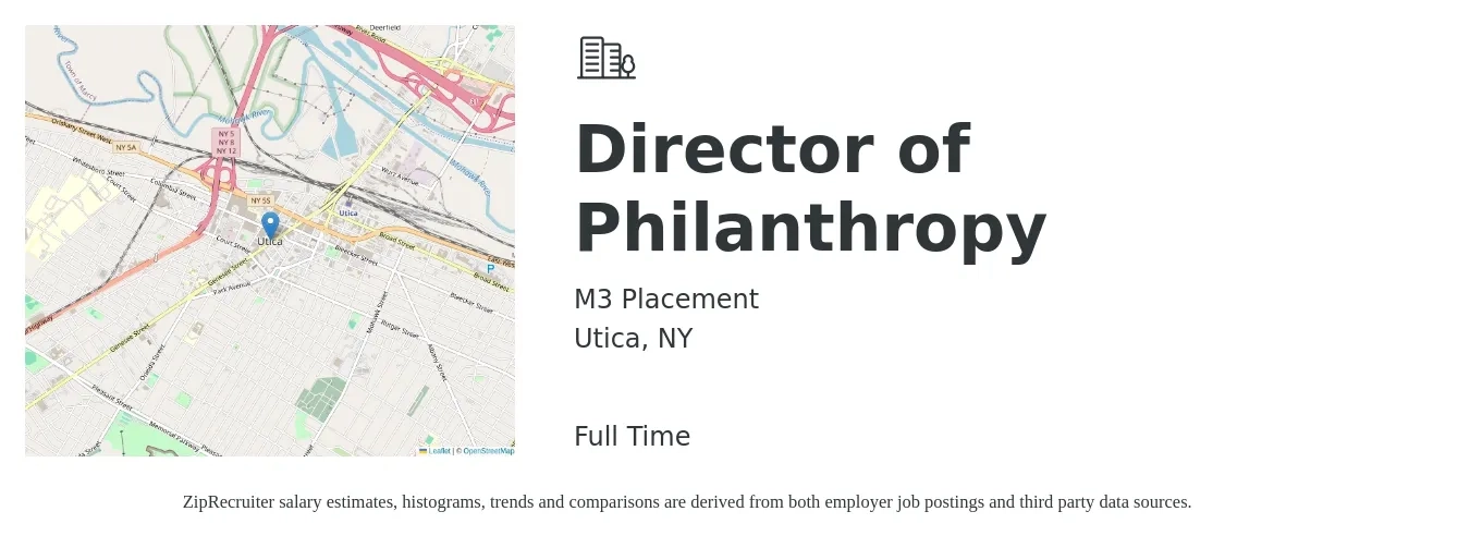 M3 Placement job posting for a Director of Philanthropy in Utica, NY with a salary of $99,100 to $258,500 Yearly with a map of Utica location.