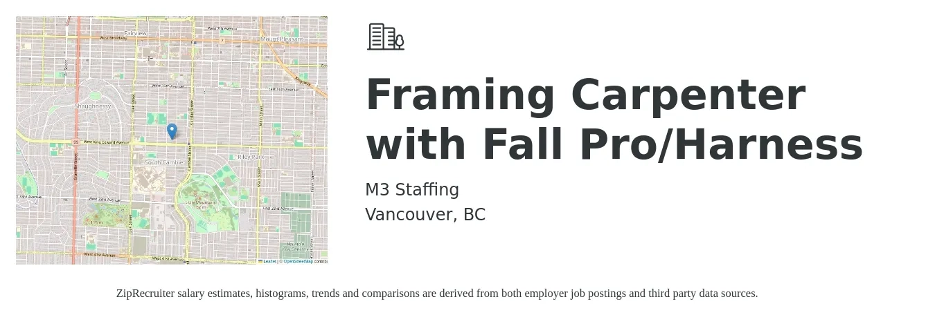M3 Staffing job posting for a Framing Carpenter with Fall Pro/Harness in Vancouver, BC with a map of Vancouver location.