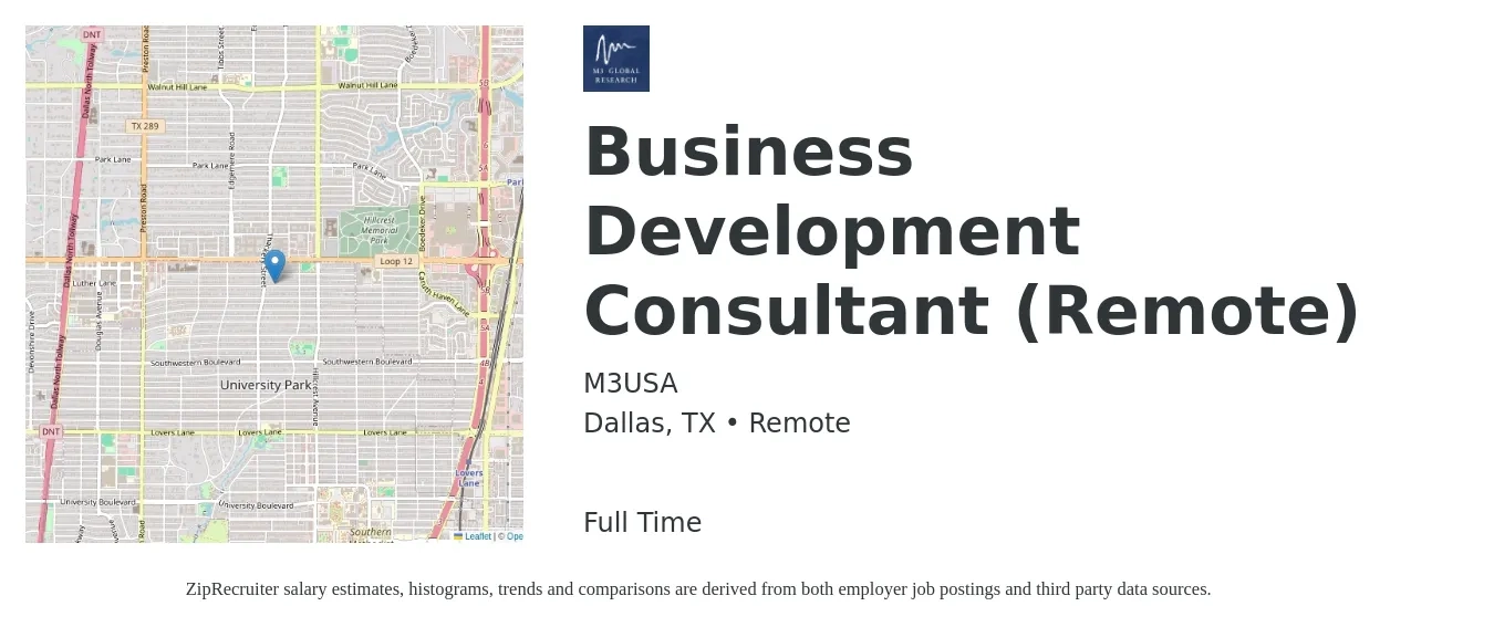 M3USA job posting for a Business Development Consultant (Remote) in Dallas, TX with a salary of $46,000 to $64,800 Yearly with a map of Dallas location.