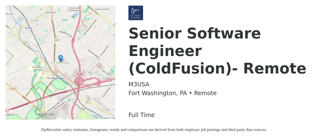 M3USA job posting for a Senior Software Engineer (ColdFusion)- Remote in Fort Washington, PA with a salary of $118,300 to $156,000 Yearly with a map of Fort Washington location.