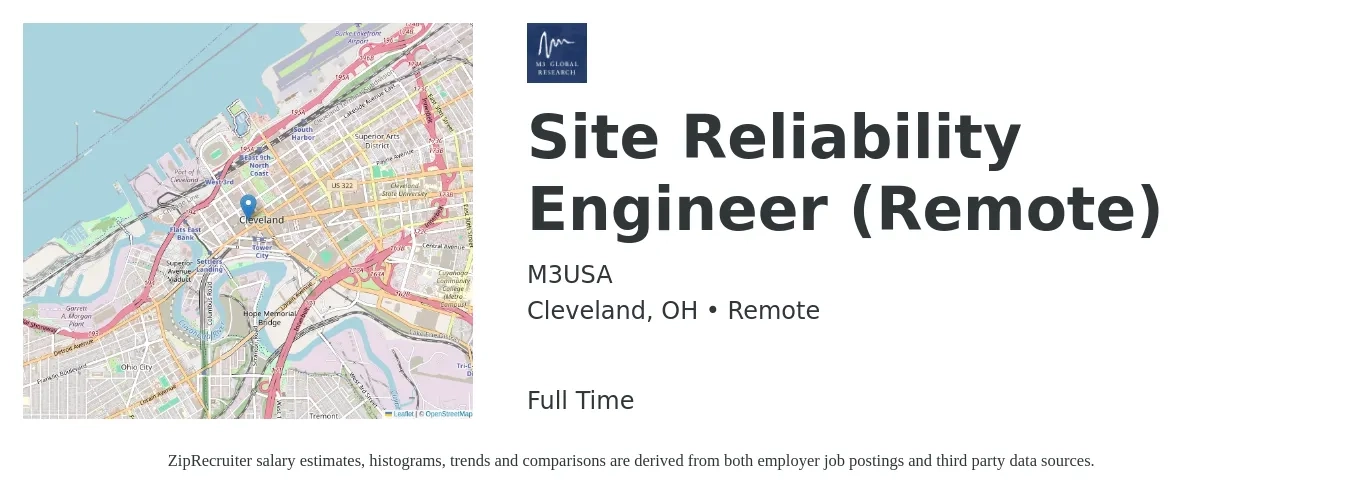 M3USA job posting for a Site Reliability Engineer (Remote) in Cleveland, OH with a salary of $55 to $74 Hourly with a map of Cleveland location.