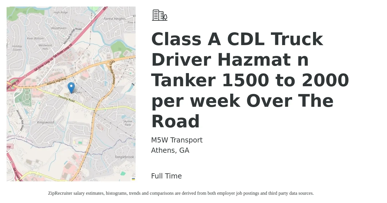 M5W Transport job posting for a Class A CDL Truck Driver Hazmat n Tanker 1500 to 2000 per week Over The Road in Athens, GA with a salary of $1,500 to $2,000 Weekly with a map of Athens location.
