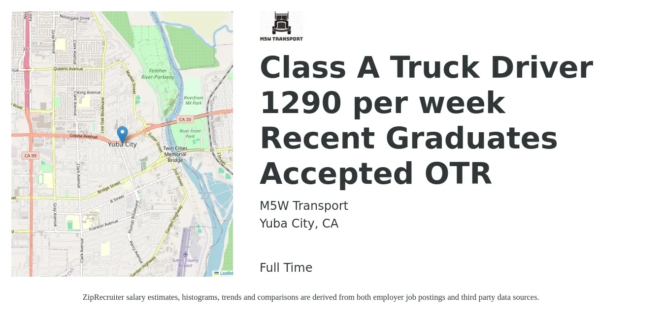 M5W Transport job posting for a Class A Truck Driver 1290 per week Recent Graduates Accepted OTR in Yuba City, CA with a salary of $1,075 to $1,290 Weekly with a map of Yuba City location.