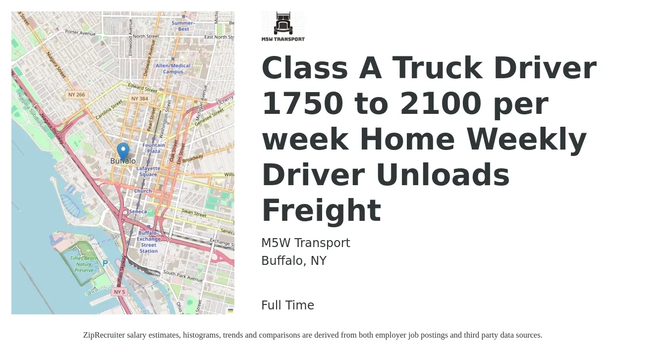 M5W Transport job posting for a Class A Truck Driver 1750 to 2100 per week Home Weekly Driver Unloads Freight in Buffalo, NY with a salary of $1,750 to $2,100 Weekly with a map of Buffalo location.