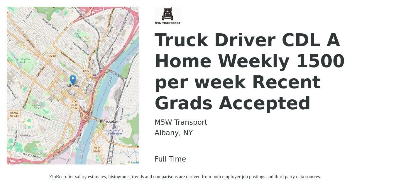 M5W Transport job posting for a Truck Driver CDL A Home Weekly 1500 per week Recent Grads Accepted in Albany, NY with a salary of $1,500 Weekly with a map of Albany location.