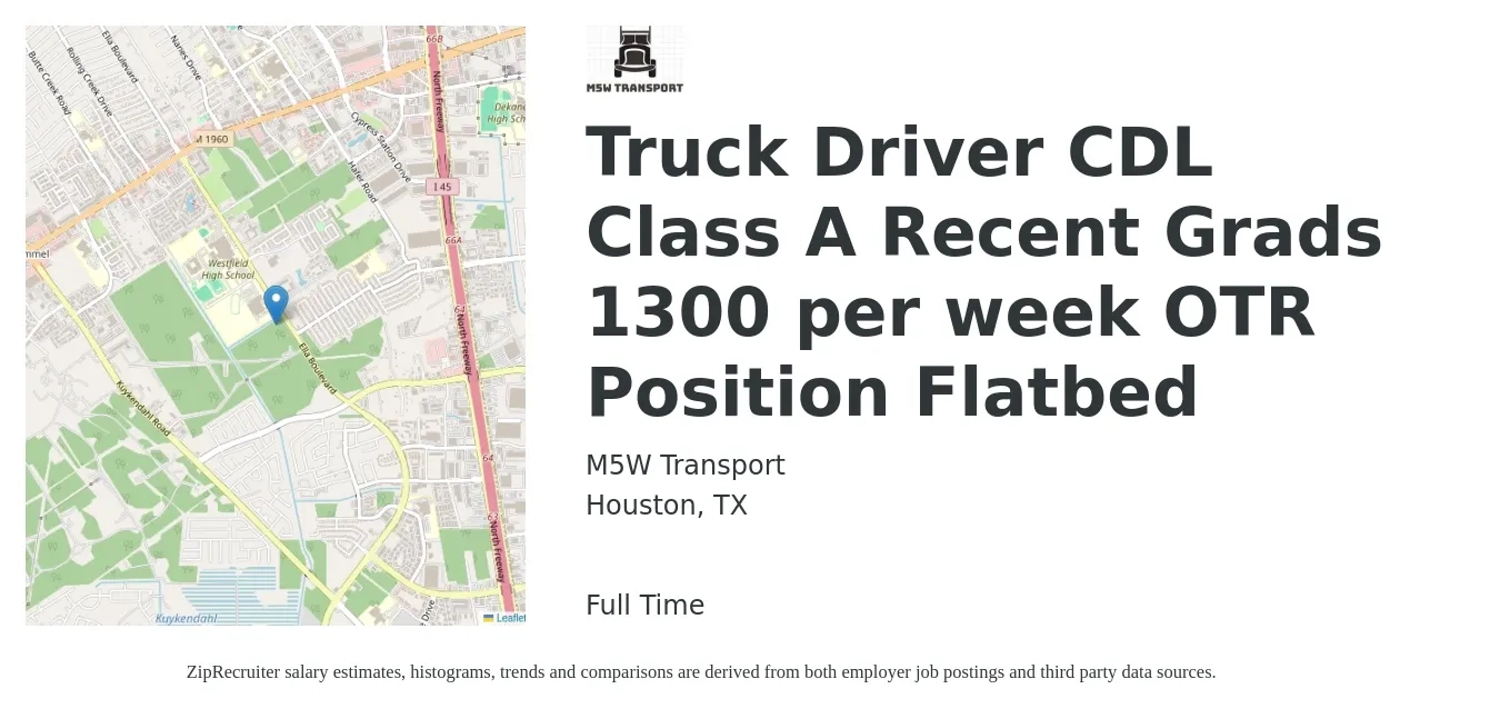M5W Transport job posting for a Truck Driver CDL Class A Recent Grads 1300 per week OTR Position Flatbed in Houston, TX with a salary of $650 to $1,300 Weekly with a map of Houston location.