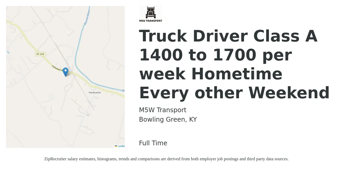 M5W Transport job posting for a Truck Driver Class A 1400 to 1700 per week Hometime Every other Weekend in Bowling Green, KY with a salary of $1,400 to $1,700 Weekly with a map of Bowling Green location.