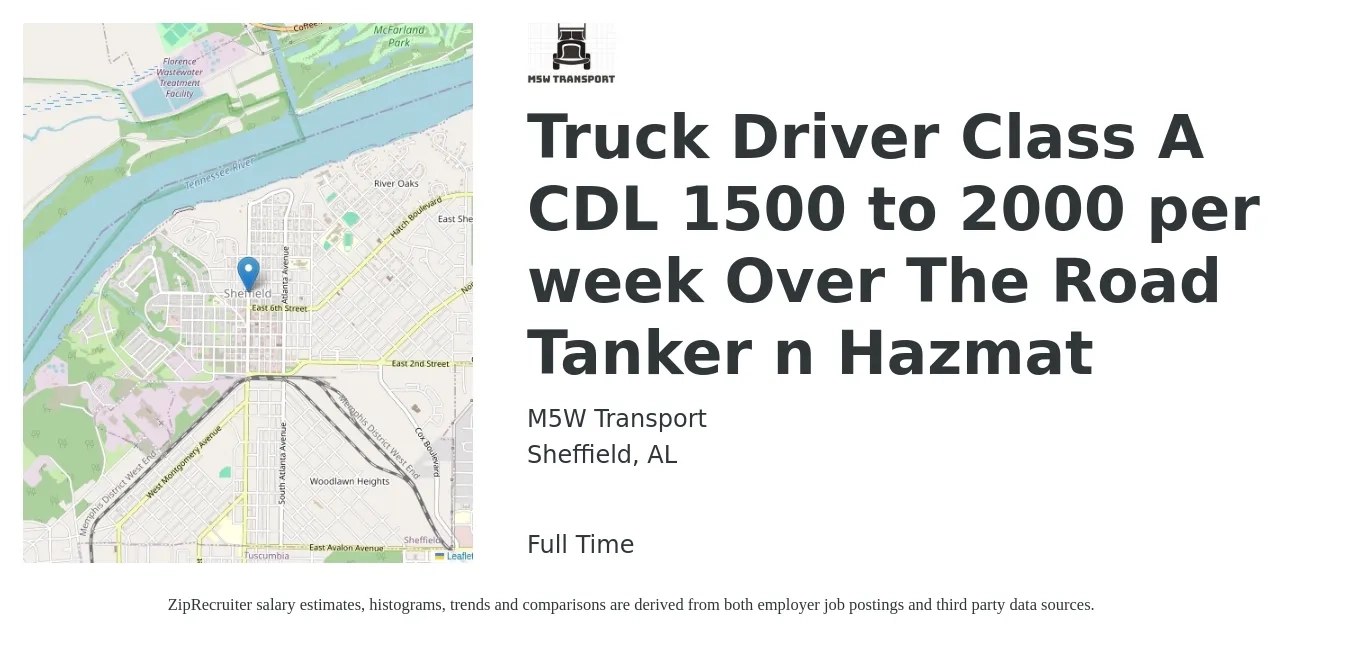M5W Transport job posting for a Truck Driver Class A CDL 1500 to 2000 per week Over The Road Tanker n Hazmat in Sheffield, AL with a salary of $1,500 to $2,000 Weekly with a map of Sheffield location.