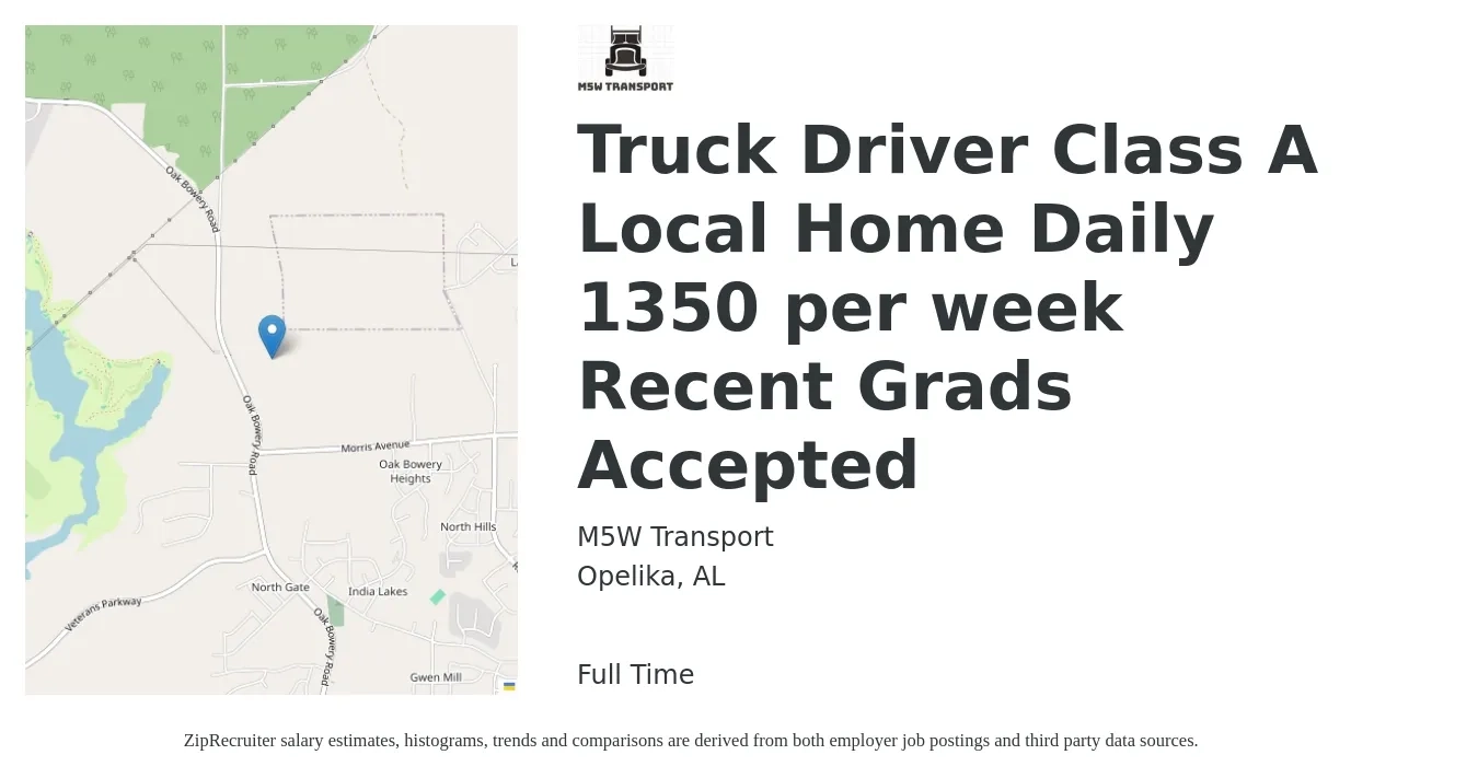 M5W Transport job posting for a Truck Driver Class A Local Home Daily 1350 per week Recent Grads Accepted in Opelika, AL with a salary of $1,200 to $1,500 Weekly with a map of Opelika location.