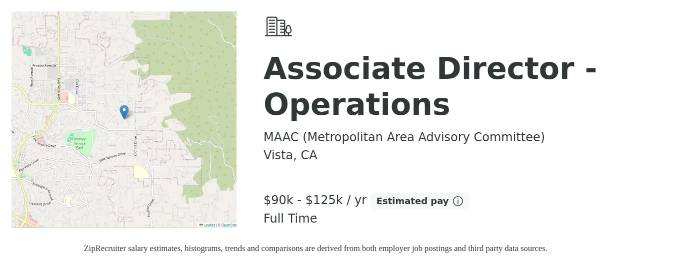 MAAC (Metropolitan Area Advisory Committee) job posting for a Associate Director - Operations in Vista, CA with a salary of $90,000 to $125,000 Yearly with a map of Vista location.