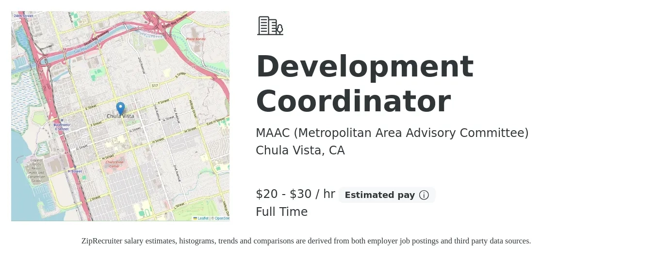 MAAC (Metropolitan Area Advisory Committee) job posting for a Development Coordinator in Chula Vista, CA with a salary of $22 to $31 Hourly with a map of Chula Vista location.