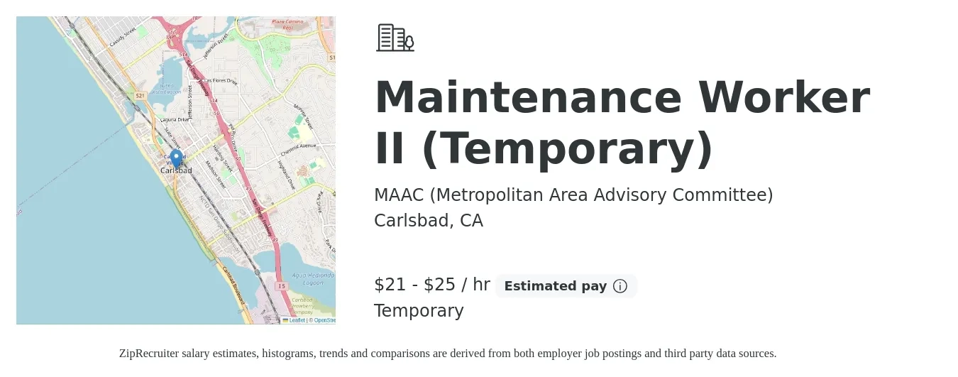 MAAC job posting for a Maintenance Worker II (Temporary) in Carlsbad, CA with a salary of $22 to $26 Hourly with a map of Carlsbad location.