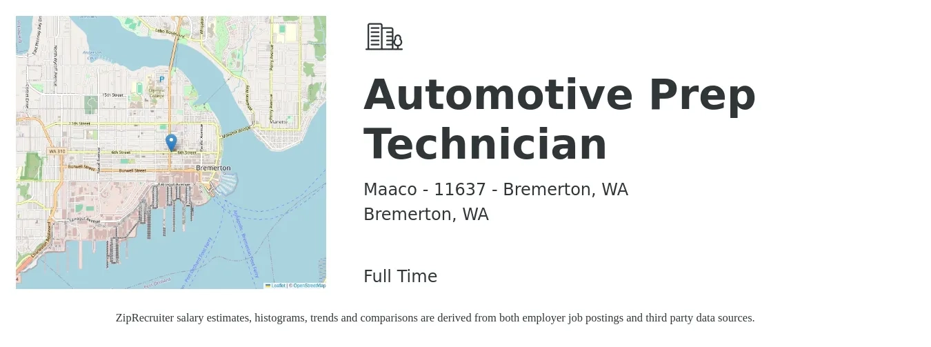 Maaco - 11637 - Bremerton, WA job posting for a Automotive Prep Technician in Bremerton, WA with a salary of $23 to $37 Hourly with a map of Bremerton location.