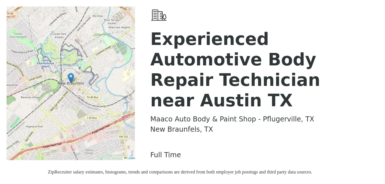 Maaco Auto Body & Paint Shop - Pflugerville, TX job posting for a Experienced Automotive Body Repair Technician near Austin TX in New Braunfels, TX with a salary of $2,000 to $3,000 Weekly with a map of New Braunfels location.