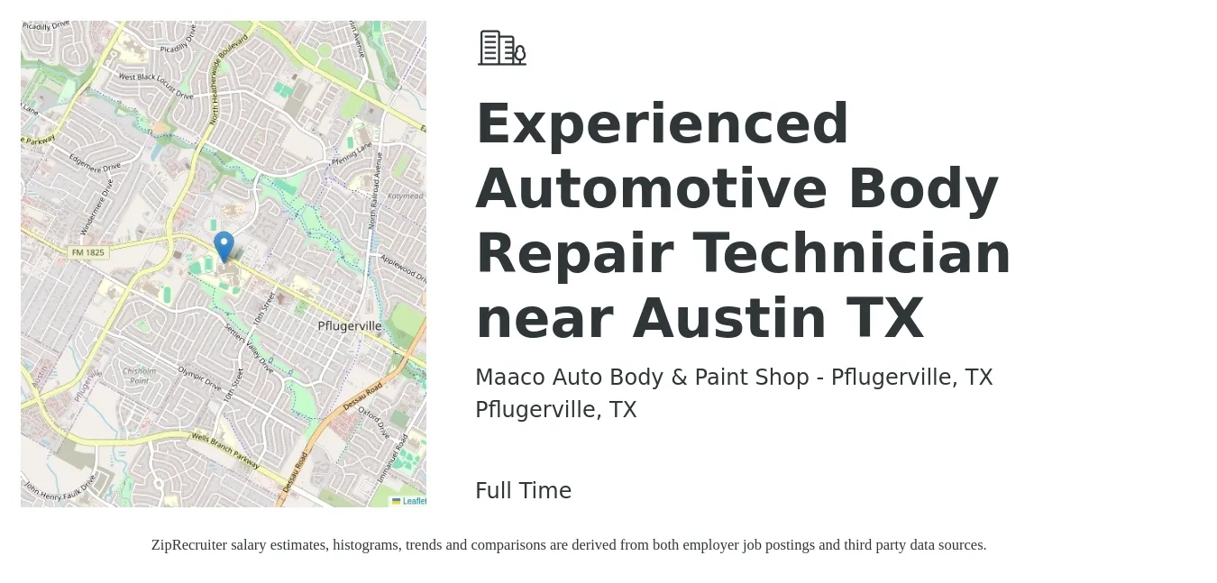 Maaco Auto Body & Paint Shop - Pflugerville, TX job posting for a Experienced Automotive Body Repair Technician near Austin TX in Pflugerville, TX with a salary of $2,000 to $3,000 Weekly with a map of Pflugerville location.