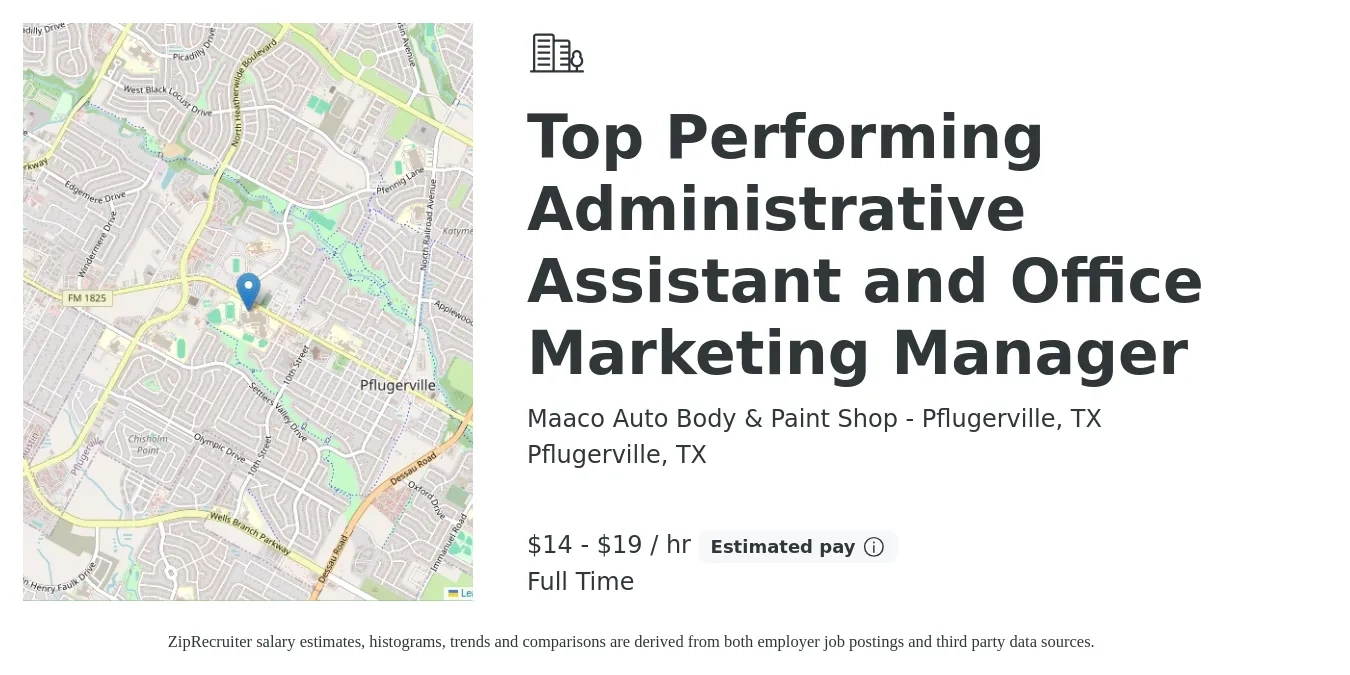 Maaco Auto Body & Paint Shop - Pflugerville, TX job posting for a Top Performing Administrative Assistant and Office Marketing Manager in Pflugerville, TX with a salary of $15 to $20 Hourly with a map of Pflugerville location.