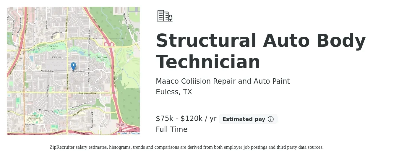 Maaco Coliision Repair and Auto Paint job posting for a Structural Auto Body Technician in Euless, TX with a salary of $75,000 to $120,000 Yearly with a map of Euless location.