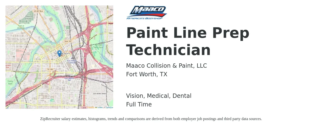 Maaco Collision & Paint, LLC job posting for a Paint Line Prep Technician in Fort Worth, TX with a salary of $18 to $29 Hourly and benefits including medical, retirement, vision, and dental with a map of Fort Worth location.