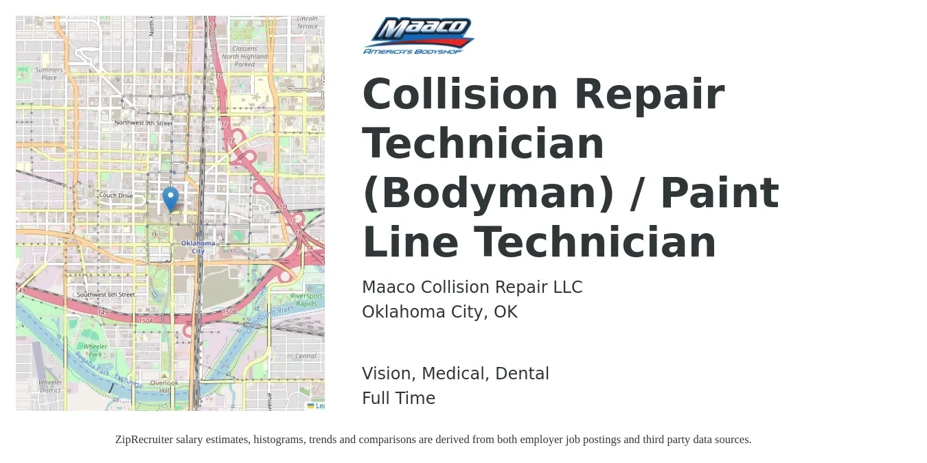 Maaco Collision Repair LLC job posting for a Collision Repair Technician (Bodyman) / Paint Line Technician in Oklahoma City, OK with a salary of $19 to $31 Hourly and benefits including vision, dental, and medical with a map of Oklahoma City location.