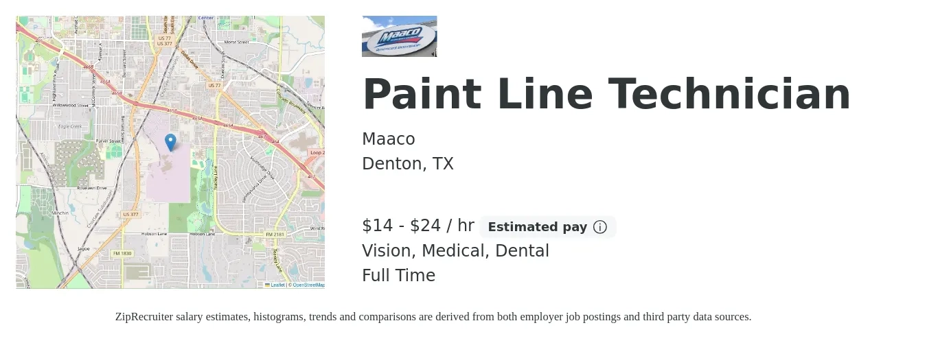 Maaco job posting for a Paint Line Technician in Denton, TX with a salary of $18 to $28 Hourly and benefits including dental, medical, and vision with a map of Denton location.