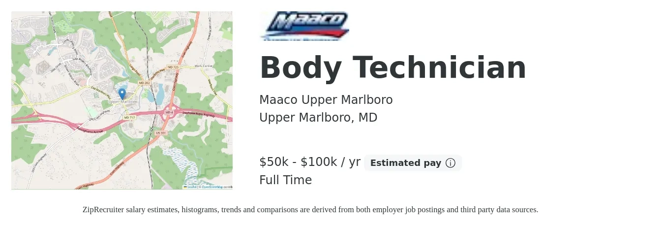 Maaco Upper Marlboro job posting for a Body Technician in Upper Marlboro, MD with a salary of $50,000 to $100,000 Yearly and benefits including retirement, and pto with a map of Upper Marlboro location.