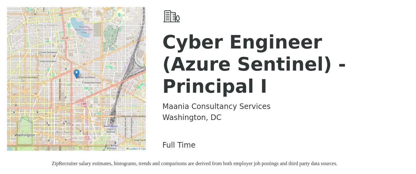 Maania Consultancy Services job posting for a Cyber Engineer (Azure Sentinel) - Principal I in Washington, DC with a salary of $126,000 to $150,400 Yearly with a map of Washington location.