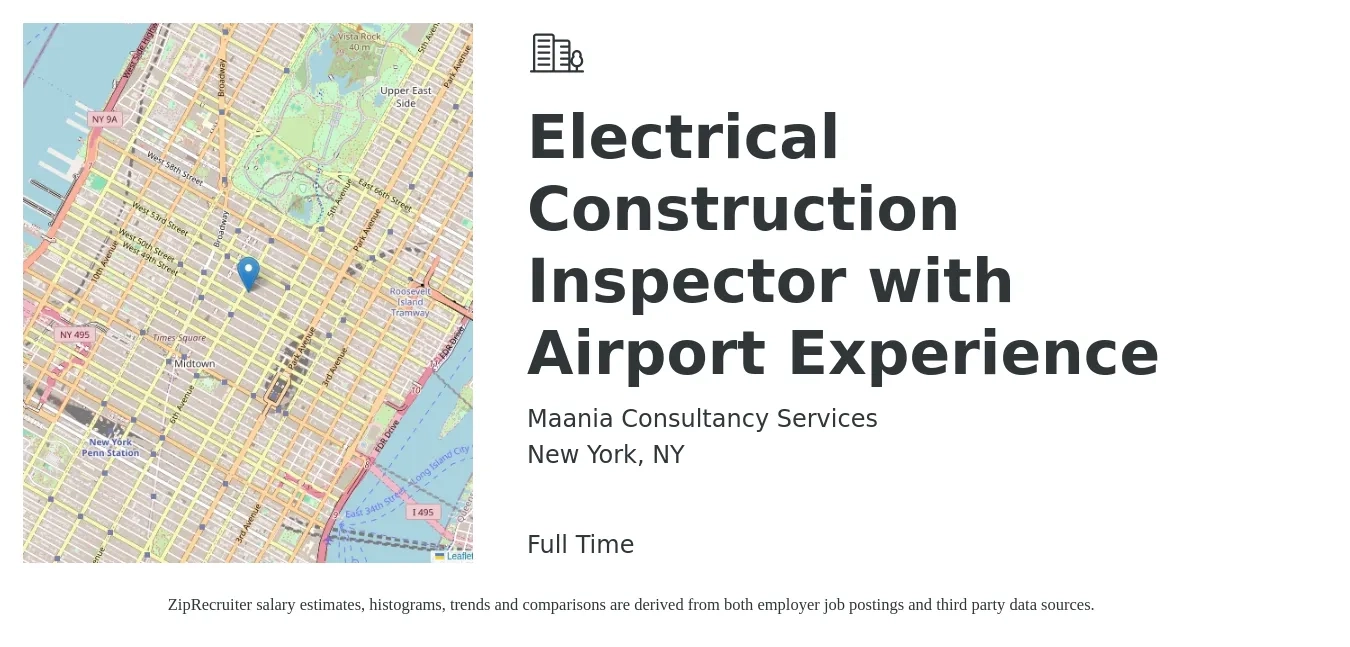 Maania Consultancy Services job posting for a Electrical Construction Inspector with Airport Experience in New York, NY with a salary of $30 to $48 Hourly with a map of New York location.