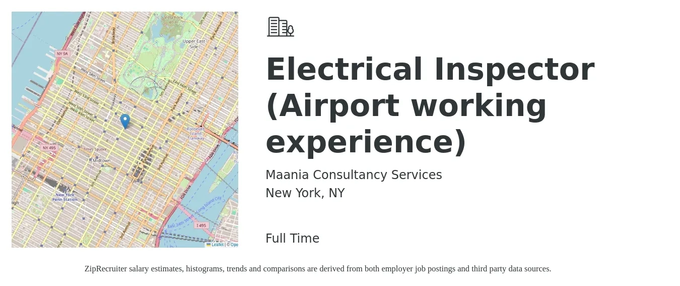Maania Consultancy Services job posting for a Electrical Inspector (Airport working experience) in New York, NY with a salary of $30 to $48 Hourly with a map of New York location.