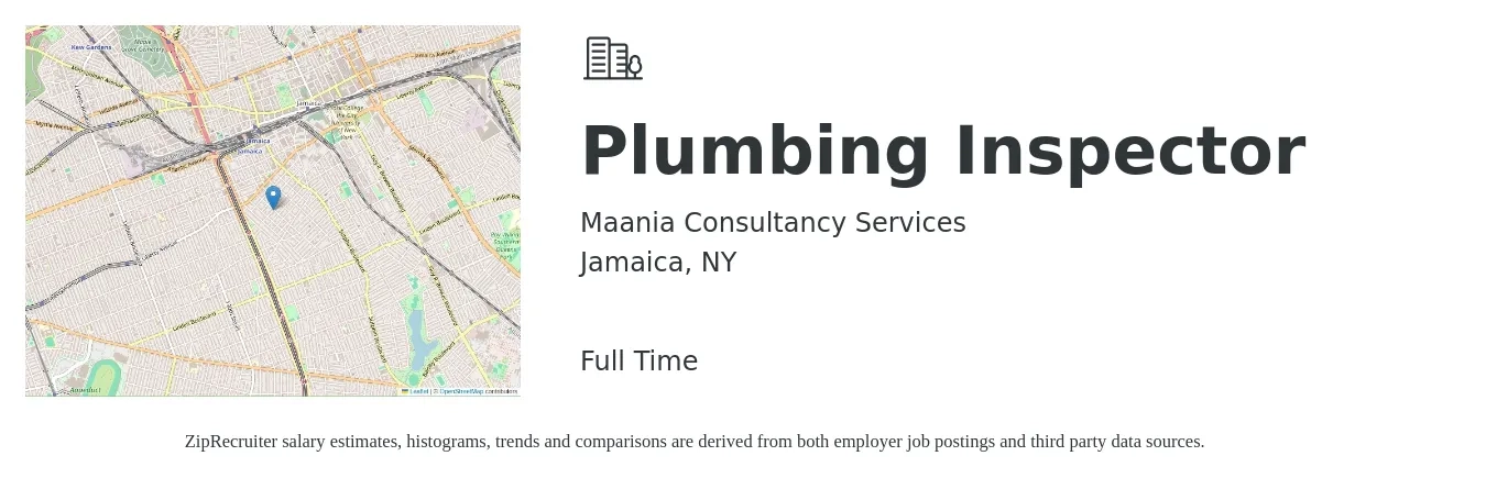 Maania Consultancy Services job posting for a Plumbing Inspector in Jamaica, NY with a salary of $55,200 to $77,300 Yearly with a map of Jamaica location.