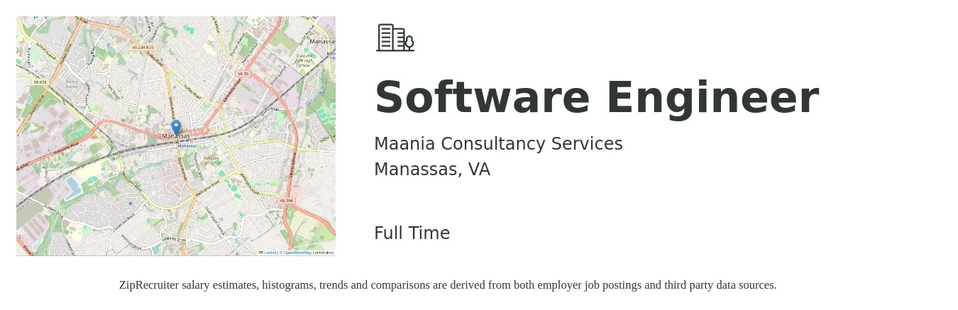 Maania Consultancy Services job posting for a Software Engineer in Manassas, VA with a salary of $119,900 to $172,900 Yearly with a map of Manassas location.