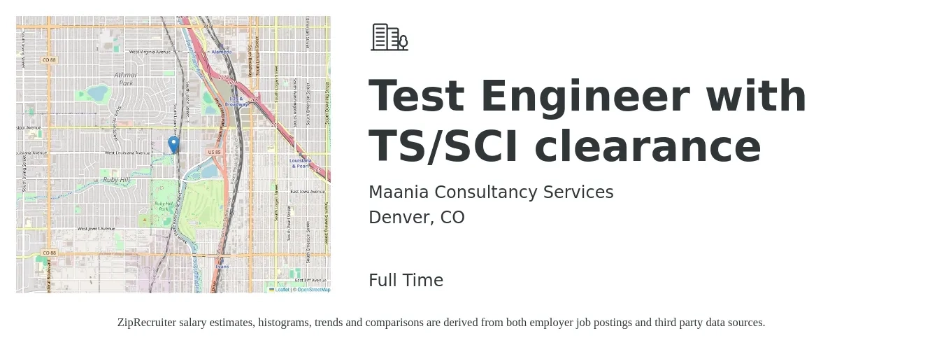 Maania Consultancy Services job posting for a Test Engineer with TS/SCI clearance in Denver, CO with a salary of $36 to $56 Hourly with a map of Denver location.