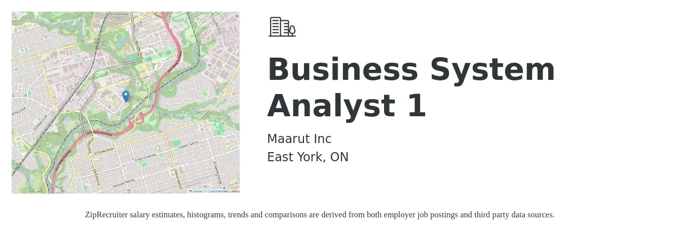 Maarut Inc job posting for a Business System Analyst 1 in East York, ON with a map of East York location.