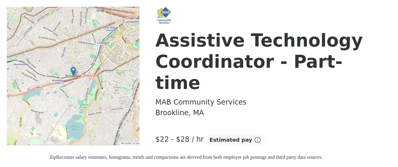 MAB Community Services job posting for a Assistive Technology Coordinator - Part-time in Brookline, MA with a salary of $23 to $30 Hourly with a map of Brookline location.