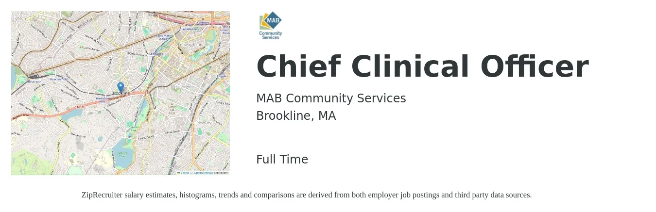 MAB Community Services job posting for a Chief Clinical Officer in Brookline, MA with a salary of $122,100 to $202,600 Yearly with a map of Brookline location.