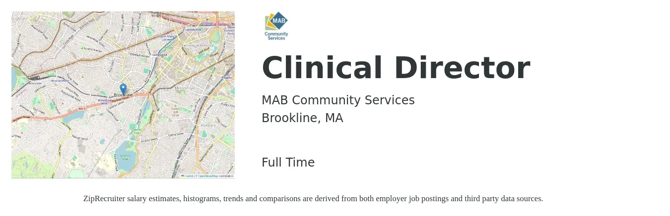 MAB Community Services job posting for a Clinical Director in Brookline, MA with a salary of $87,600 to $119,400 Yearly with a map of Brookline location.